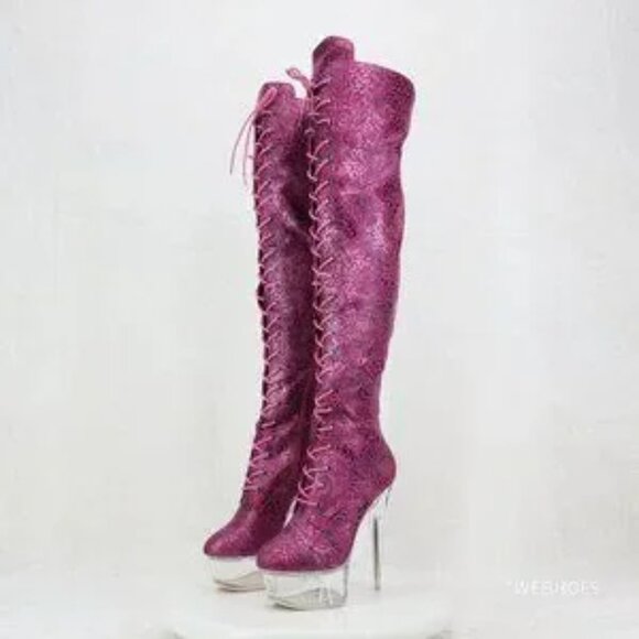 Bulls Fuchsia Purple Leopard Glitter OTK High Clear Platform Boots - Picture 2 of 7